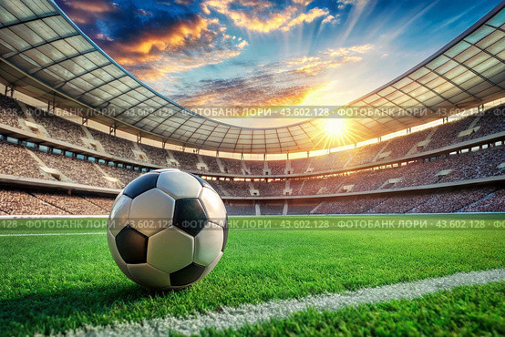 Soccer ball on the green field in soccer stadium. ready for game in the midfield. Стоковое AI-изображение, AI-художник Photojuli / Фотобанк Лори
