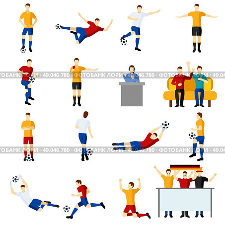Soccer game people flat icons set. Soccer game team players flat icons set with goalkeeper and forward in action abstract isolated vector illustration. Стоковая иллюстрация, агентство Ingram Publishing / Фотобанк Лори