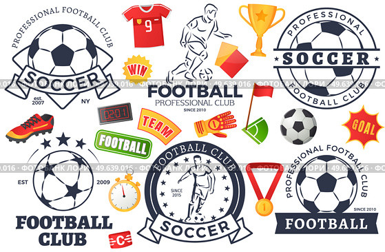 Soccer symbols set, sport football vector banner. Uniform and awards isolated on white, scoreboard and stadium, stopwatch whistle, gate ticket, ball penalty field, clothes and shoes, team championship. Soccer symbols set, sport football vector banner. Uniform and awards isolated, team championship. Стоковая иллюстрация, агентство Ingram Publishing / Фотобанк Лори