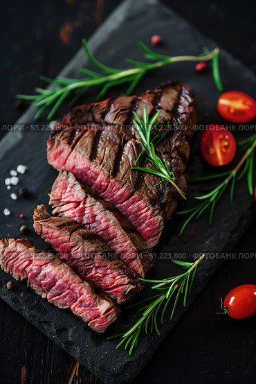 Сочные ломтики жареного мяса с ароматным розмарином, солью и перцем, дополненные свежими помидорами черри, представлены на темном фоне. Стоковое AI-изображение, AI-художник Кирилл Сиротюк / Фотобанк Лори