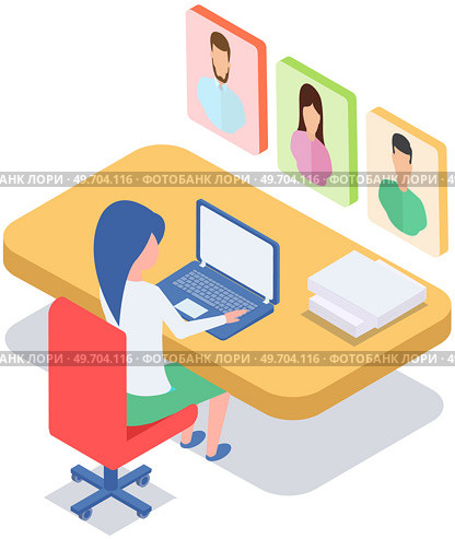 Social media app remote communication program for computer. Distance chatting, internet video call with friends. Virtual conversation. Girl with laptop during video conference meeting online broadcast. Remote communication program for computer. Distance chatting, internet video call with friends. Стоковая иллюстрация, агентство Ingram Publishing / Фотобанк Лори