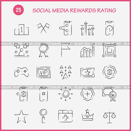 Social Media Rewards Rating Hand Drawn Icon Pack For Designers And Developers. Icons Of Cinema, Movie, Ticket, Rating, Gear, Settings, Social Media, Vector. Стоковая иллюстрация, агентство Ingram Publishing / Фотобанк Лори