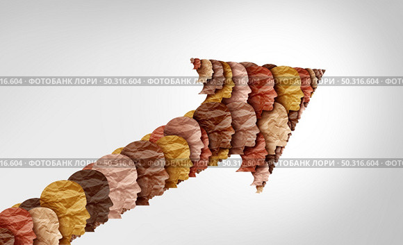 Social progress and multi cultural society and multiculturalism as a celebration of diverse cultures and diversity or African black pride as multicultural unity of different races as a united success arrow in a 3D illustration style. Стоковое фото, агентство Ingram Publishing / Фотобанк Лори