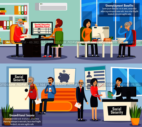 Social security orthogonal horizontal banners with unconditional income and documents execution for unemployment benefits isolated vector illustration. Social Security Orthogonal Banners. Стоковая иллюстрация, агентство Ingram Publishing / Фотобанк Лори