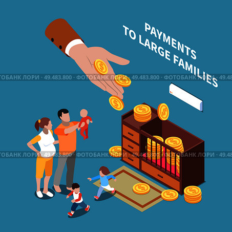Social security unemployment benefits unconditional income isometric composition with human hand sharing coins with long family vector illustration. Стоковая иллюстрация, агентство Ingram Publishing / Фотобанк Лори