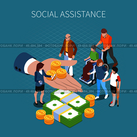 Social security unemployment benefits unconditional income isometric composition with conceptual image of human hand with coins vector illustration. Стоковая иллюстрация, агентство Ingram Publishing / Фотобанк Лори