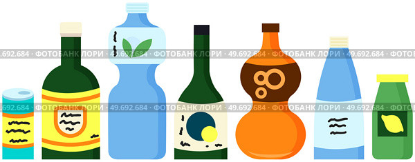 Soft and alcohol drinks bottles. Bottled beverage, vitamin juice, sparkling or natural water in cans, glass and plastic containers. Set of bottles with different drinks isolated on white background. Set of bottles with different drinks. Glass and plastic containers, bottled beverages, water. Стоковая иллюстрация, агентство Ingram Publishing / Фотобанк Лори
