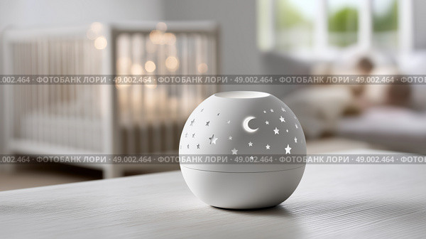 Soft glowing night light illuminates a cozy nursery in peaceful setting. Мягкий светящийся ночник освещает уютную детскую в спокойной обстановке. Стоковое AI-изображение, AI-художник Katsiaryna Repich / Фотобанк Лори