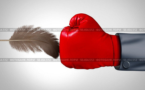 Soft Negotiation concept as a Big business fighter negotiating with a soft touch opponent with a feather feather as a negotiating symbol for hard and softer strategy to win in a 3D illustration style. . Стоковое фото, агентство Ingram Publishing / Фотобанк Лори