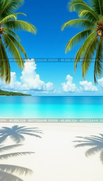 Soft sands meet sparkling turquoise waters beneath a vibrant sky scattered with fluffy clouds. Lush palm trees provide shade, creating a serene haven on this idyllic beach Generative AI. Стоковое AI-изображение, AI-художник Юлия Петровская / Фотобанк Лори
