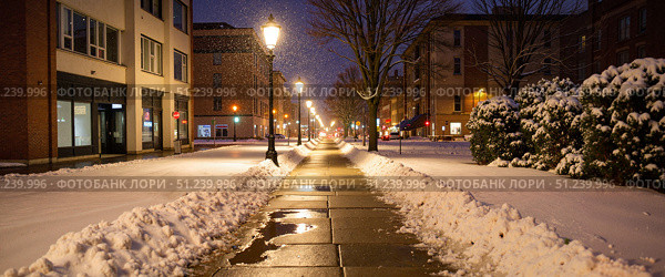 Softly falling snow blankets a quiet street at night in a peaceful urban area with charming lampposts. Стоковое AI-изображение, AI-художник Ольга Невская / Фотобанк Лори