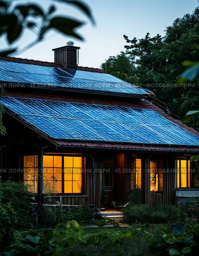 Solar battery on the roof of a private house in the countryside. Use of solar energy. Стоковое AI-изображение, AI-художник Сергей Елизарьев / Фотобанк Лори