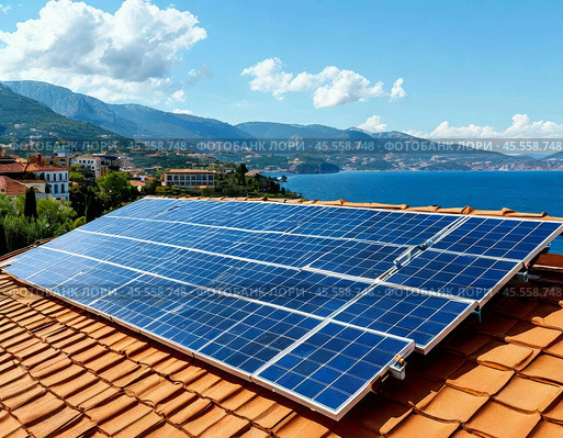 Solar monocrystalline battery on the roof of a private house in the countryside. Use of solar energy. Стоковое AI-изображение, AI-художник Сергей Елизарьев / Фотобанк Лори