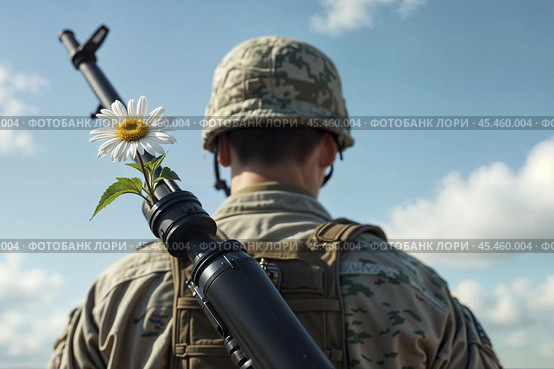 Soldier in a helmet stands with his back to us. A flower is attached to his machine gun. Стоковое AI-изображение, AI-художник Дмитрий Киселёв / Фотобанк Лори