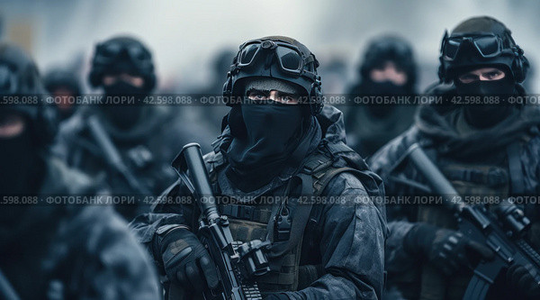 soldiers and snipers on the ground. Стоковое AI-изображение, AI-художник Юлия Гапеенко / Фотобанк Лори