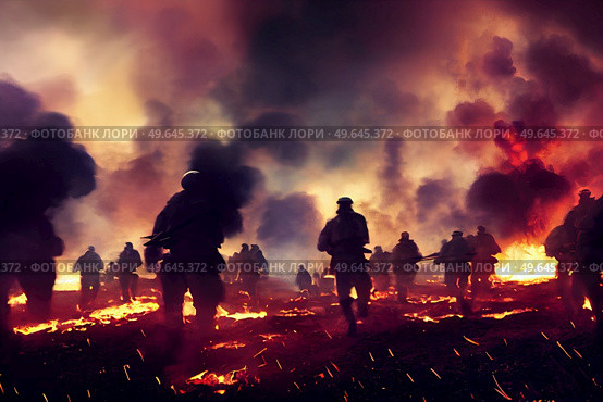 Soldiers siluettes on battlefield, fire and smoke clouds in background. Soldiers on battlefield. Стоковое фото, агентство Ingram Publishing / Фотобанк Лори