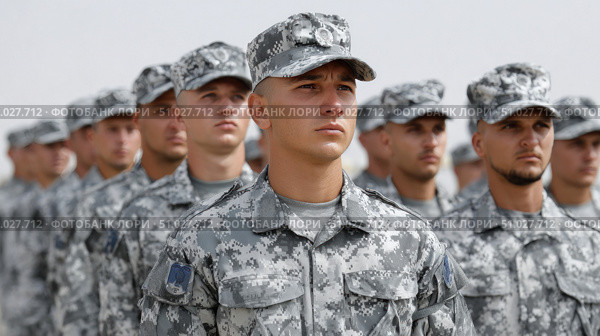 Soldiers standing in formation wearing camouflage uniforms. Стоковое AI-изображение, AI-художник Юрий Поздников / Фотобанк Лори