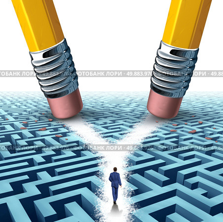 Solution crossroad business concept as a three dimensional maze or labyrinth being erased by two pencils clearing a cross road path for a confused businessman as a symbol for choosing the pathway to success. Стоковое фото, агентство Ingram Publishing / Фотобанк Лори