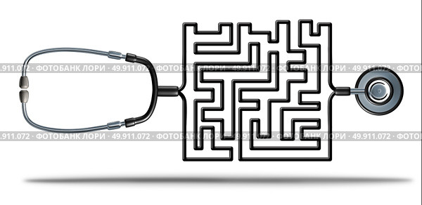 Solving healthcare and health care reform challenges as a doctor stethoscope shaped as a complicated maze as a medical and medicine insurance confusion or prescription medication crisis metaphor as a 3D illustration. Стоковое фото, агентство Ingram Publishing / Фотобанк Лори