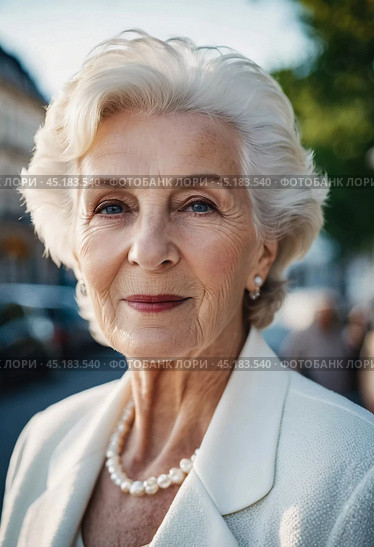Sophisticated older French woman is in the open air. Demeanor reveals a lifetime of experiences and reflections, embodying grace and wisdom. Well-groomed woman 70 years old with grey hair. AI. Стоковое AI-изображение, AI-художник Юлия Петровская / Фотобанк Лори