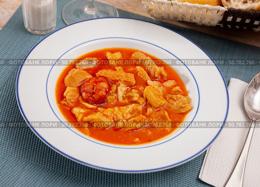 Soup from tasty boiled beef tripe with chorizo at plate. Стоковое фото, фотограф Яков Филимонов / Фотобанк Лори