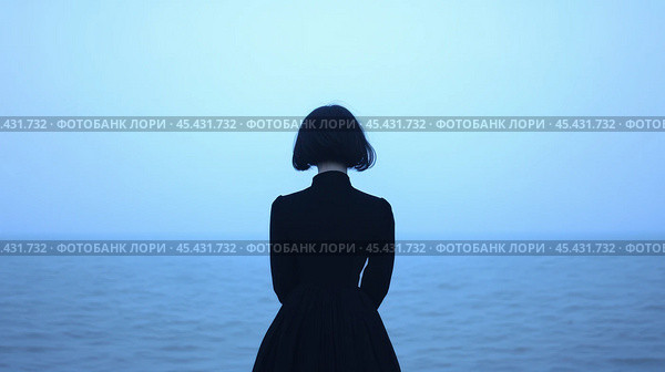 Созерцательное одиночество: женщина смотрит на облачное небо океана, чтобы обрести покой и размышления. Стоковое AI-изображение, AI-художник ФотоИнтеллект / Фотобанк Лори