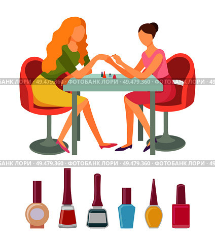 Spa salon manicure bottles polishers in containers vector. Manicurist working with woman, nail art. Service of painting fingernails by professional. Spa Salon Manicure Bottles Polishers Set Vector. Стоковая иллюстрация, агентство Ingram Publishing / Фотобанк Лори