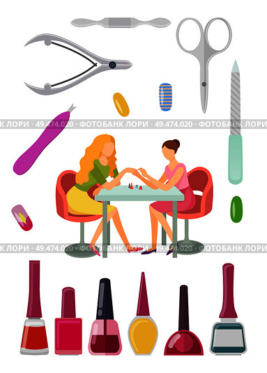 Spa salon manicure manicurist and tools for nail polishing service. Gels bottles with brushes, cuticle pusher and cutter, nipper and scissors vector. Spa Salon Manicure Manicurist and Tools Set Vector. Стоковая иллюстрация, агентство Ingram Publishing / Фотобанк Лори