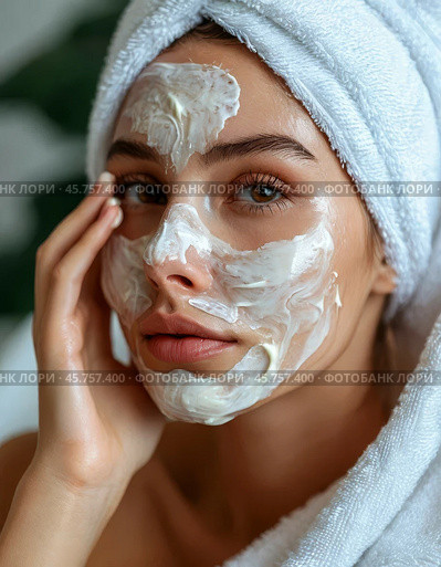 Spa treatments for the face, peeling face mask, skin care. Young woman with cream mask on her face. Close-up. Стоковое AI-изображение, AI-художник Сергей Елизарьев / Фотобанк Лори