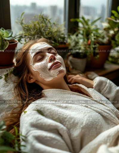 Spa treatments for the face, peeling face mask, skin care. Young woman with cream mask on her face. Close-up. Стоковое AI-изображение, AI-художник Сергей Елизарьев / Фотобанк Лори