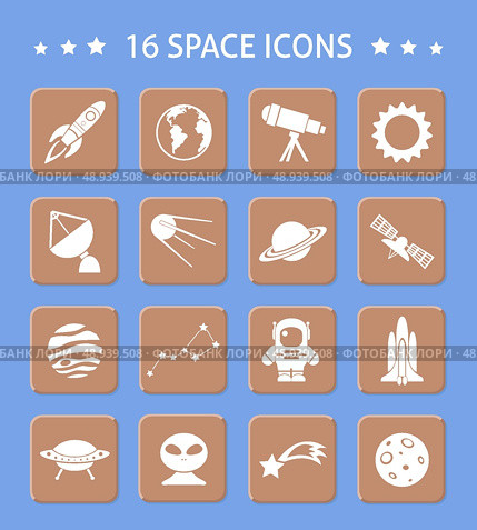 Space and astronomy button icons set of telescope sun radar planets isolated vector illustration. Стоковая иллюстрация, агентство Ingram Publishing / Фотобанк Лори