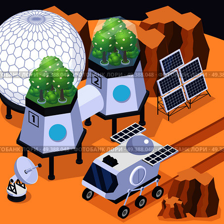 Space colonization terraforming isometric composition with rover vehicle solar arrays and other equipment on martian landform vector illustration. Terraforming Mars Isometric Composition. Стоковая иллюстрация, агентство Ingram Publishing / Фотобанк Лори