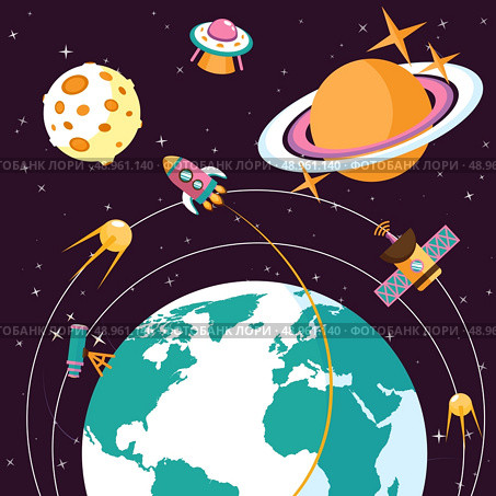 Space concept with globe and rocket satellites astronauts on orbit flat vector illustration. Стоковая иллюстрация, агентство Ingram Publishing / Фотобанк Лори
