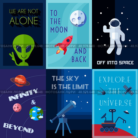 Space exploration human spaceflights mini poster set isolated vector illustration. Стоковая иллюстрация, агентство Ingram Publishing / Фотобанк Лори