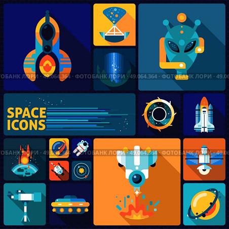 Space icons flat set. Space exploration decorative icons flat set with alien rockers telescope asteroid isolated vector illustration. Стоковая иллюстрация, агентство Ingram Publishing / Фотобанк Лори