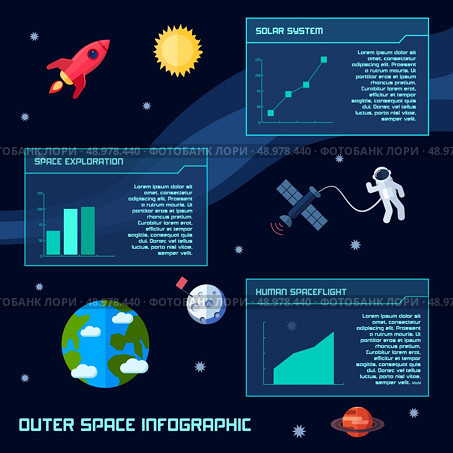 Space infographic set with astronomy galaxy observation symbols and charts vector illustration. Стоковая иллюстрация, агентство Ingram Publishing / Фотобанк Лори