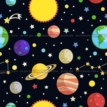 Space seamless pattern with planets stars comets and constellations on dark background vector illustration. Стоковая иллюстрация, агентство Ingram Publishing / Фотобанк Лори