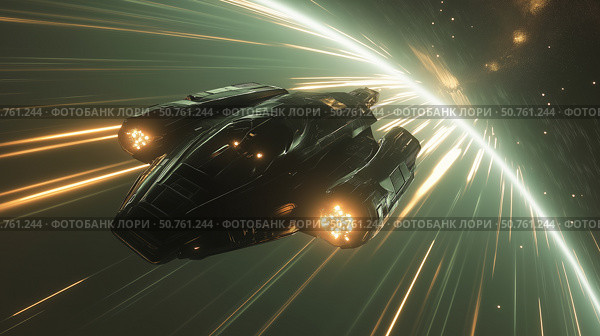 Spaceship navigating through colorful light trails in a cosmic interstellar travel. Стоковое AI-изображение, AI-художник Михаил Коханчиков / Фотобанк Лори