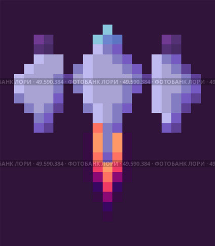 Spaceship power or battle element, space pixel game, set of rocket invaders on purple, galaxy decoration, collection of ships, squared object vector, pixelated cosmic object for mobile app games. Flying Rocket, Spaceship Set, Pixel Game Vector. Стоковая иллюстрация, агентство Ingram Publishing / Фотобанк Лори