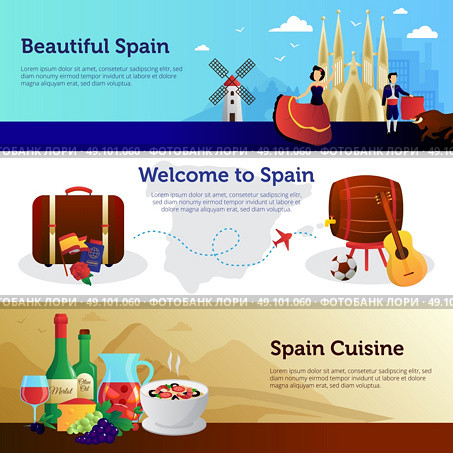 Spain Welcome Travelers Banners Set . Welcome to spain informative colorful horizontal banners set for travelers with national food and landmarks vector illustration . Стоковая иллюстрация, агентство Ingram Publishing / Фотобанк Лори