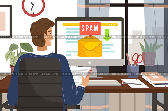 Spam email warning window appear on screen. Concept of virus, piracy, hacking and security. Man receives email with spam. Protection, anti-malware software. Mailing of advertising correspondence. Man recieves email with spam. Mailing of advertising correspondence. Warning window appear on screen. Стоковая иллюстрация, агентство Ingram Publishing / Фотобанк Лори