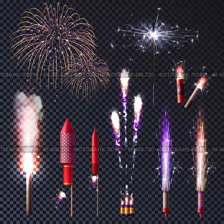 Sparkler bengal lights pyrotechnics realistic transparent set with isolated images of luminous spots and pyrotechnic supplies vector illustration. Стоковая иллюстрация, агентство Ingram Publishing / Фотобанк Лори