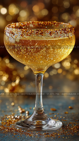 Sparkling Golden Cocktail With Glimmering Garnishments at a Celebratory Gathering. Стоковое AI-изображение, AI-художник Юлия Гапеенко / Фотобанк Лори