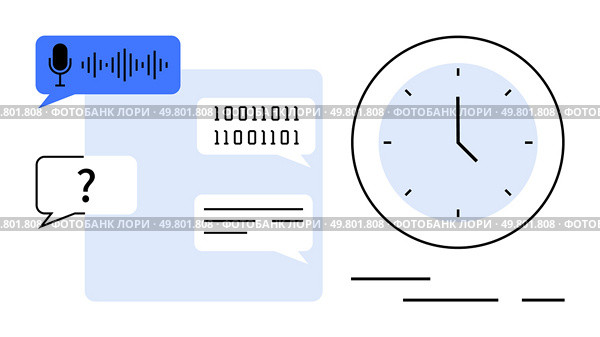 Speech bubble with voice input, binary code, text messages, and question mark. Large clock showing time. Ideal for AI, chatbots, voice recognition, business productivity, tech interfaces. AI Chatbot and Voice Recognition with Digital Clock for Efficient Time Management in Business. Стоковая иллюстрация, агентство Ingram Publishing / Фотобанк Лори