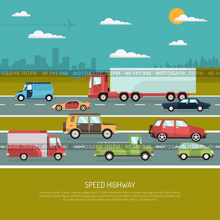 Speed Highway Illustration. Speed highway design concept with view side of different types of passenger cars and trucks flat vector illustration . Стоковая иллюстрация, агентство Ingram Publishing / Фотобанк Лори