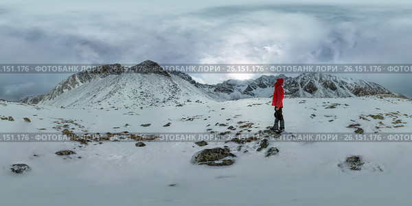 Spherical panorama of a lonely man standing in the mountains. Редакционное фото, фотограф Zakirov Aleksey / Фотобанк Лори