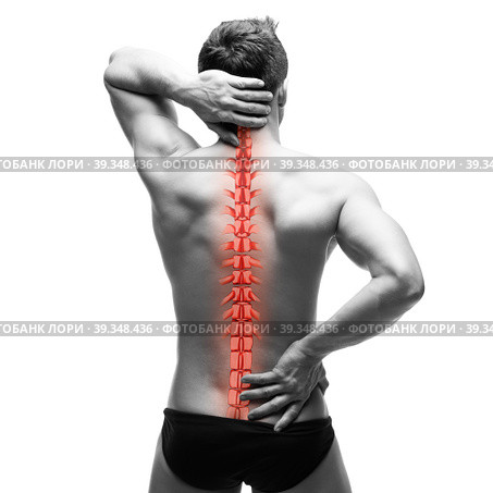 Spine pain, man with backache and ache in the neck, black and white photo with red backbone. Стоковое фото, фотограф Станислав Тарко / Фотобанк Лори