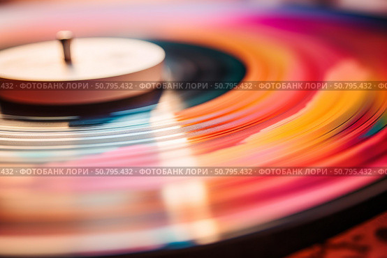 Spinning colorful vinyl record on turntable. Стоковое AI-изображение, AI-художник Иван Рябоконь / Фотобанк Лори