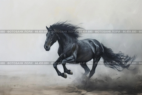 Spirited Black horse prancing. Generate AI. Стоковое AI-изображение, AI-художник Иван Рябоконь / Фотобанк Лори