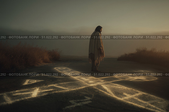 Spiritual figure stands on sacred markings at dusk in a desolate landscape filled with mystery and contemplation. Стоковое AI-изображение, AI-художник Сергей Толмачёв / Фотобанк Лори